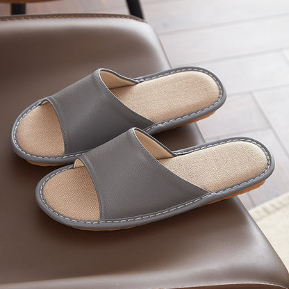 Leather Slippers for Women Linen Footbed Indoor Non Slip Summer Slides