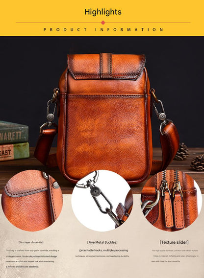Retro top grain leather crossbody sling bag for daily carry