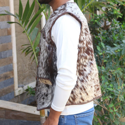 Cow print vest made from natural cow fur, combining rugged texture with classic cowboy style—perfect for ranch gatherings or casual streetwear.