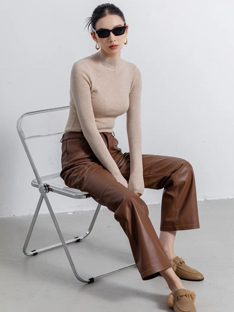 Women's High Rise Brown Wide Leg Leather Pants