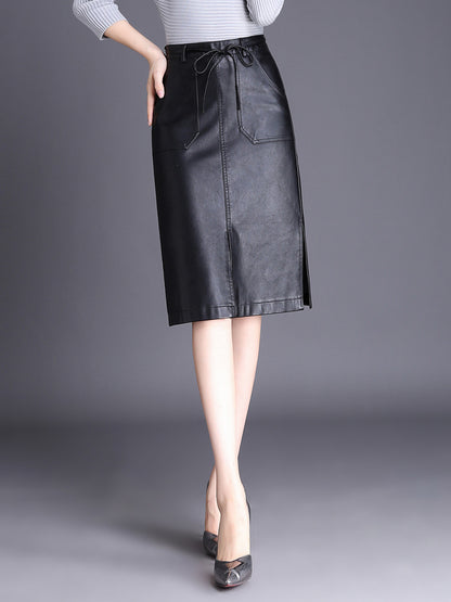 Black Mid Length Faux Leather Skirt With Slit