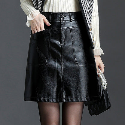 Black mini faux leather skirt high waist a line pocket design