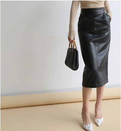 High Waist Faux Leather Midi Pencil Skirt With Back Slit