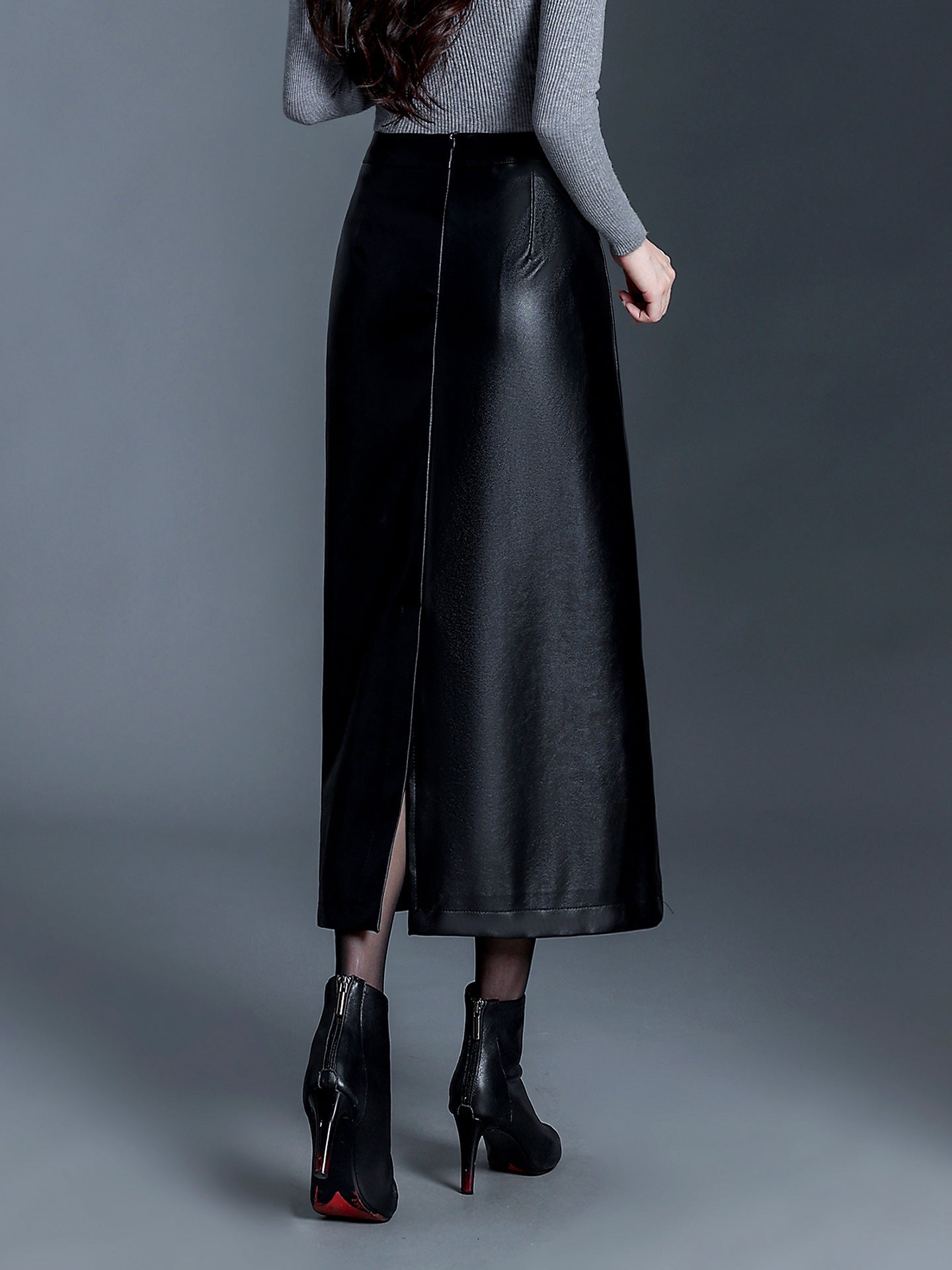Long Leather Skirt Slim Fit PU Leather Midi Skirt
