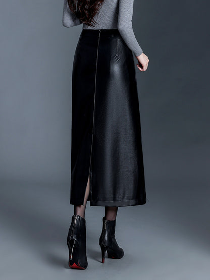 Long Leather Skirt Slim Fit PU Leather Midi Skirt