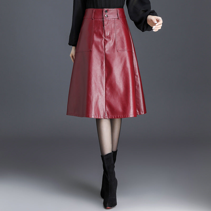 High Waist Faux Leather Midi Skirt A Line Women's