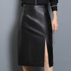High Waisted Women's Black Sheepskin Leather Midi Skirt with Slit