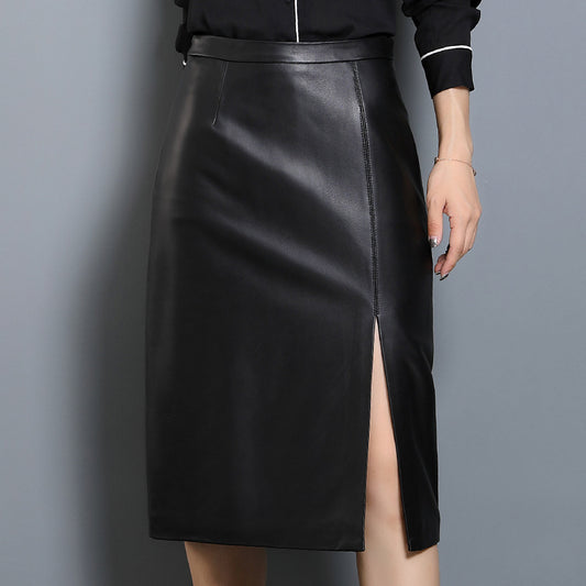 High Waisted Women's Black Sheepskin Leather Midi Skirt with Slit
