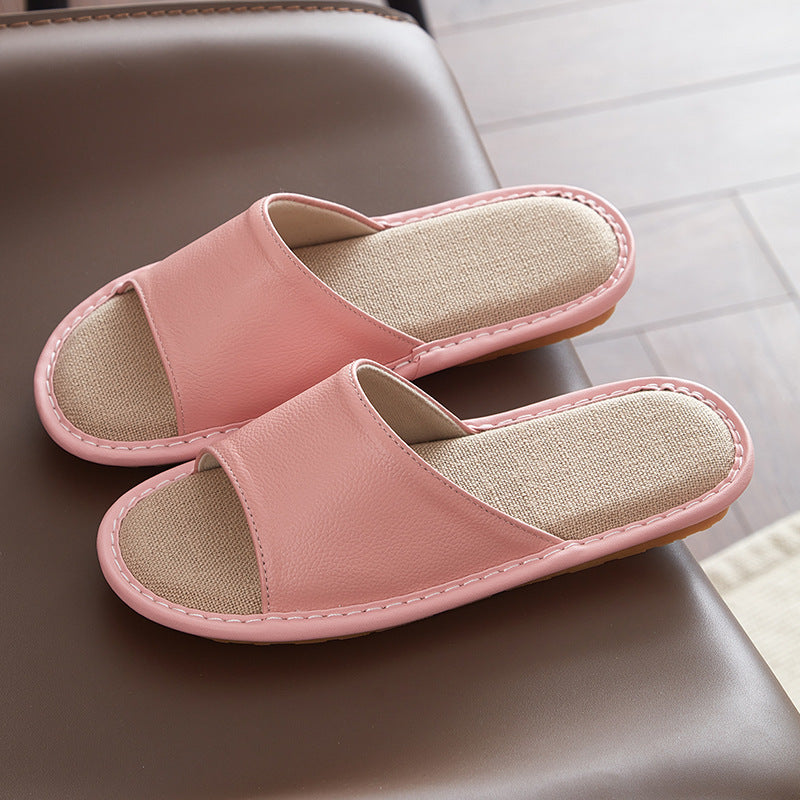 Leather Slippers for Women Linen Footbed Indoor Non Slip Summer Slides
