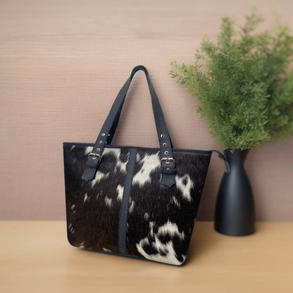 Black White Cowhide Ladies Tote Bag