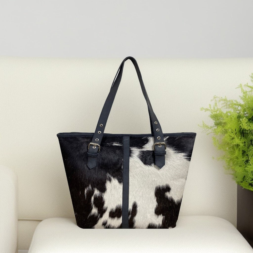 Black White Cowhide Ladies Tote Bag