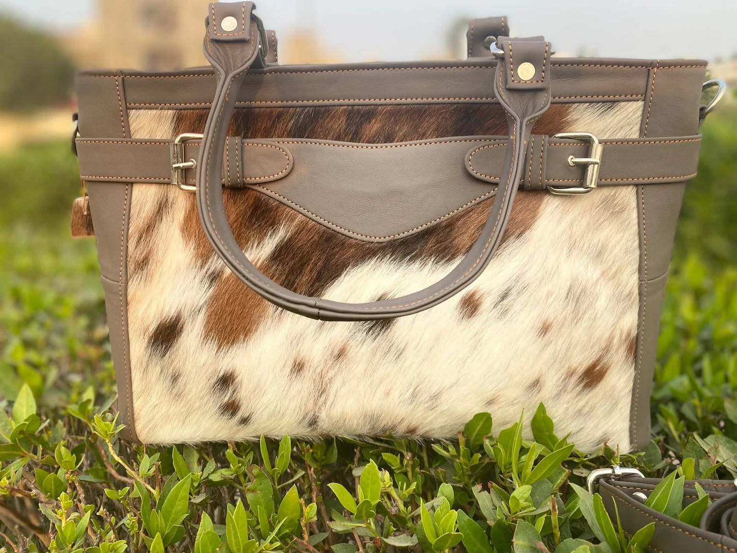 Women tricolor cowhide tote bag