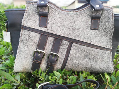 Grey hair on cowhide shoulder bag