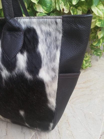 black white cowhide tote shoulder handbag