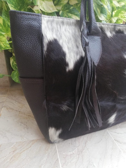 black white cowhide tote shoulder handbag