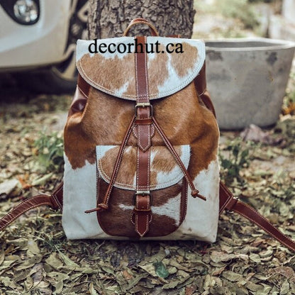 Brown White Cowhide Backpack Bag