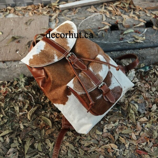 Brown White Cowhide Backpack Bag