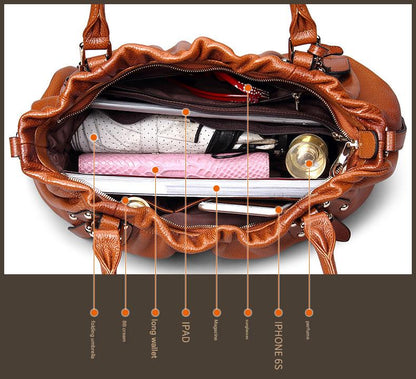 Women Genuine Leather Pleated Shoulder Bag