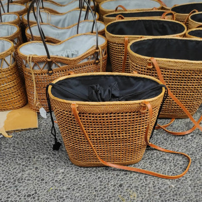 Large Handwoven Rattan Tote Purse For Summer Beach