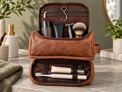 Brown leather dopp kit showing 10 × 4.7 × 4.7 inch dimensions
