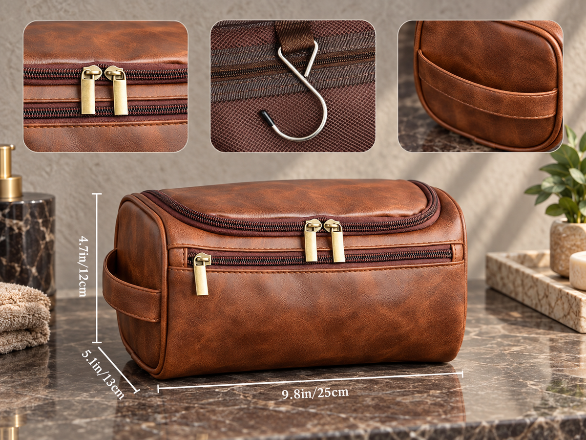Men's leather toiletry bag open with mesh storage and elastic loops