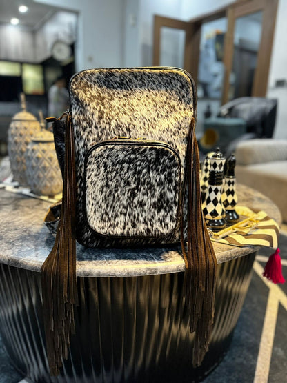 Cowhide Fringe Backpack Black White Leather Travel Bag