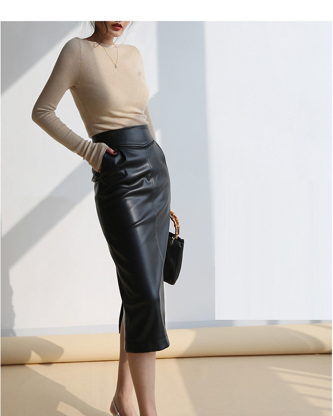 High Waist Faux Leather Midi Pencil Skirt With Back Slit