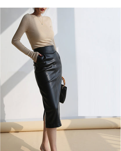 High Waist Faux Leather Midi Pencil Skirt With Back Slit