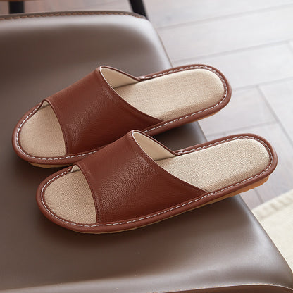 Leather Slippers for Women Linen Footbed Indoor Non Slip Summer Slides