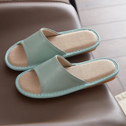 Leather Slippers for Women Linen Footbed Indoor Non Slip Summer Slides