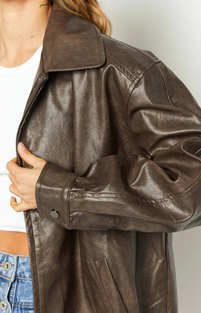 Women's Brown Oversized Faux Leather Jacket Loose Fit
