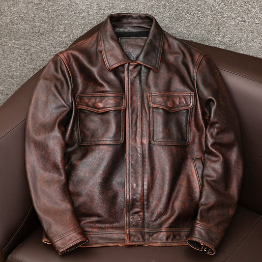 Distressed brown moto leather jacket vintage biker