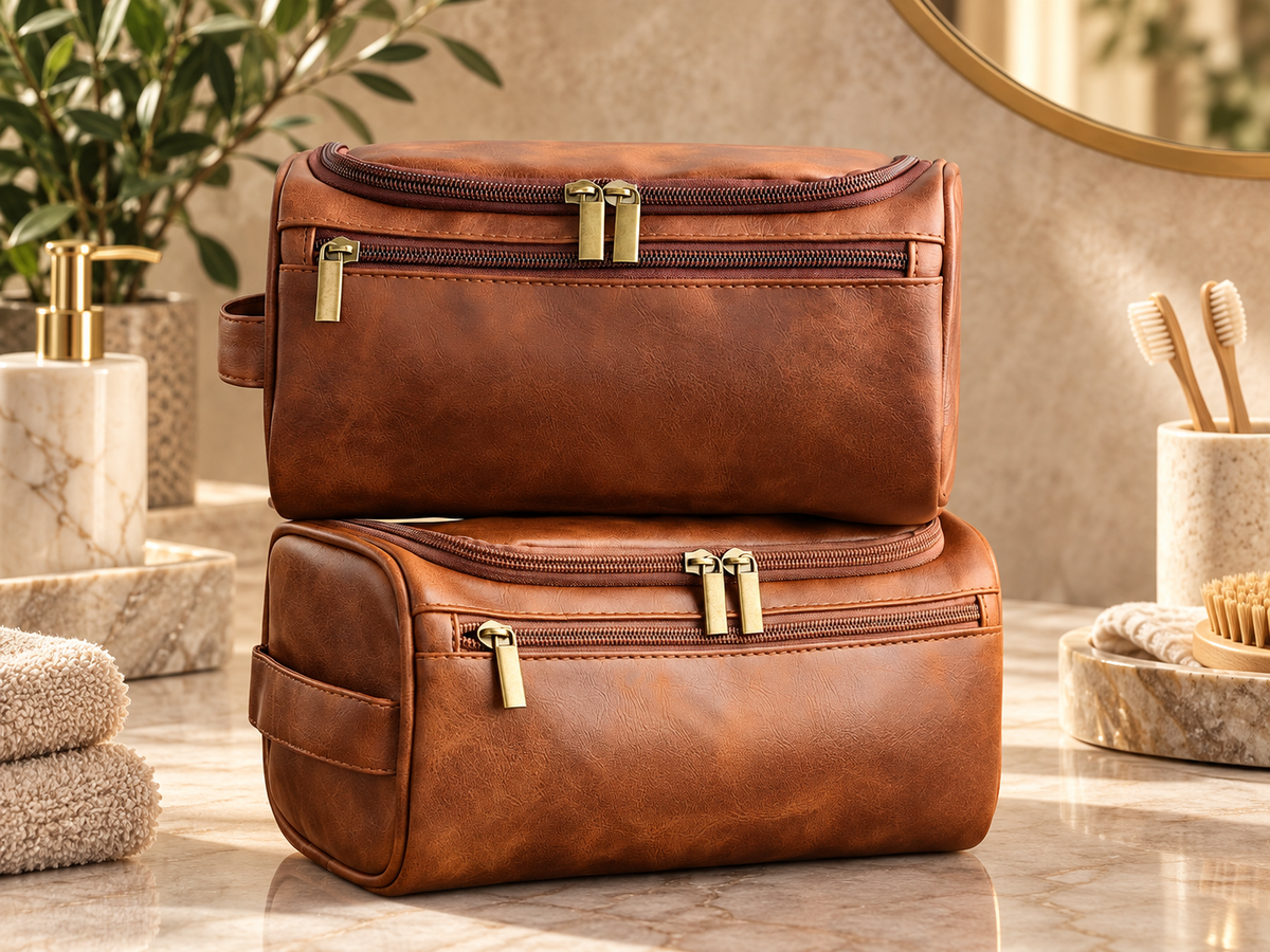 Men's leather toiletry bag open with hanging hook and grooming essentials