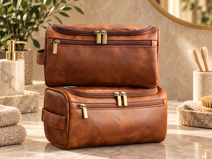 Men's leather toiletry bag open with hanging hook and grooming essentials