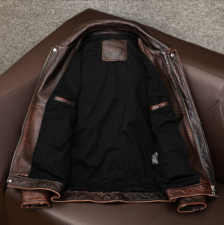 Distressed brown moto leather jacket vintage biker