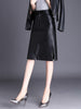 Black Mid Length Faux Leather Skirt With Slit