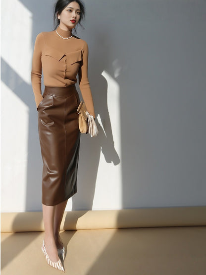 High Waist Faux Leather Midi Pencil Skirt With Back Slit