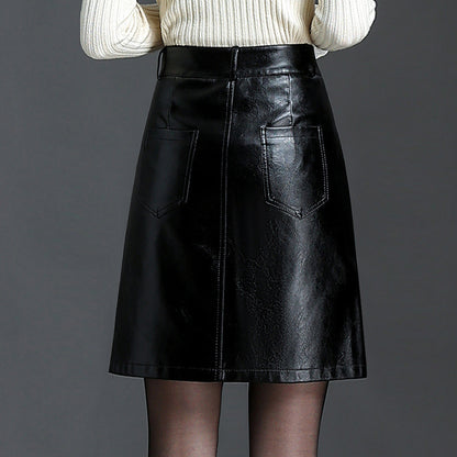 Black mini faux leather skirt high waist a line pocket design