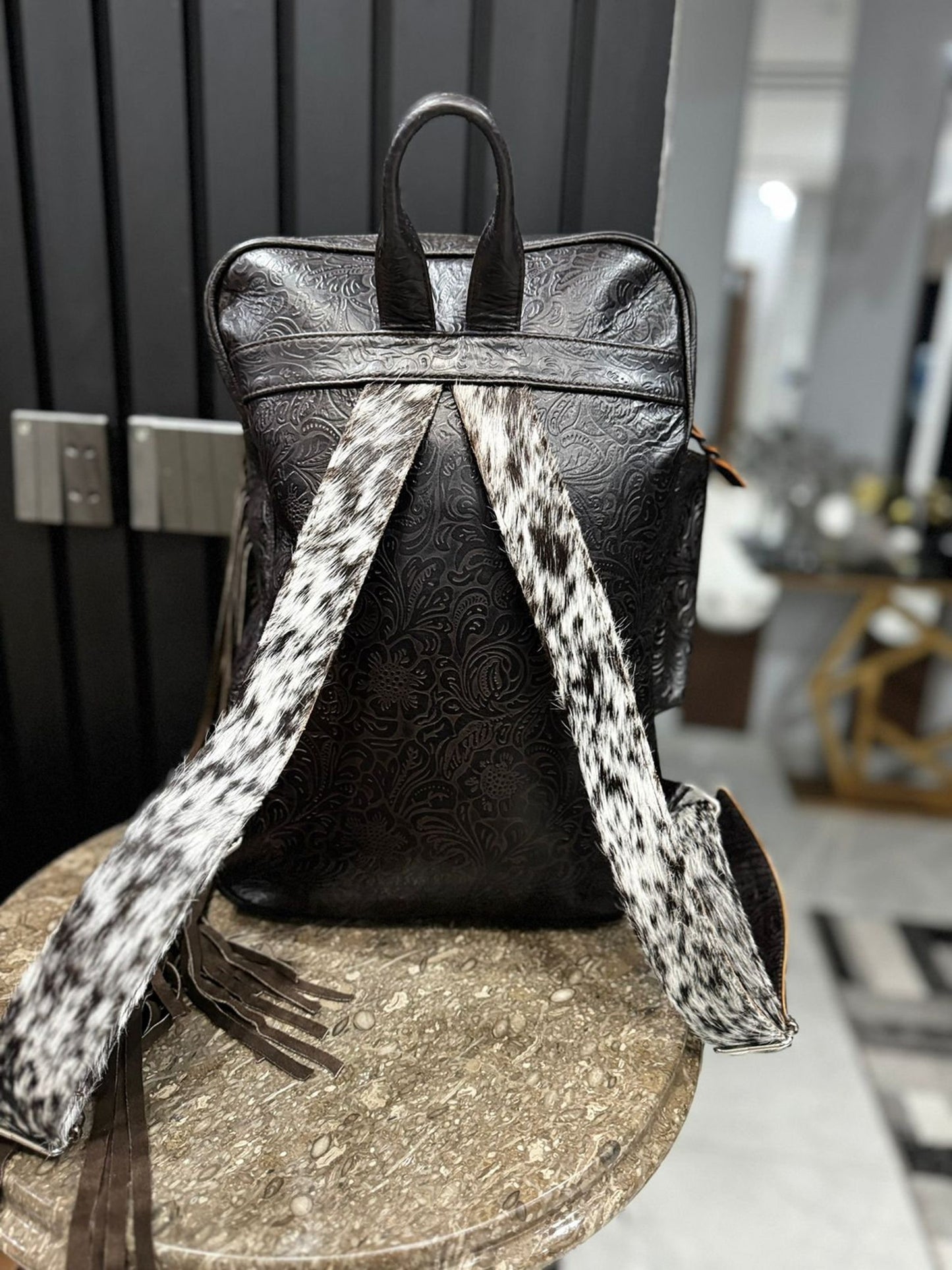 Cowhide Fringe Backpack Black White Leather Travel Bag