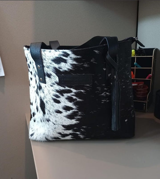 Black White Cowhide Handbag Purse