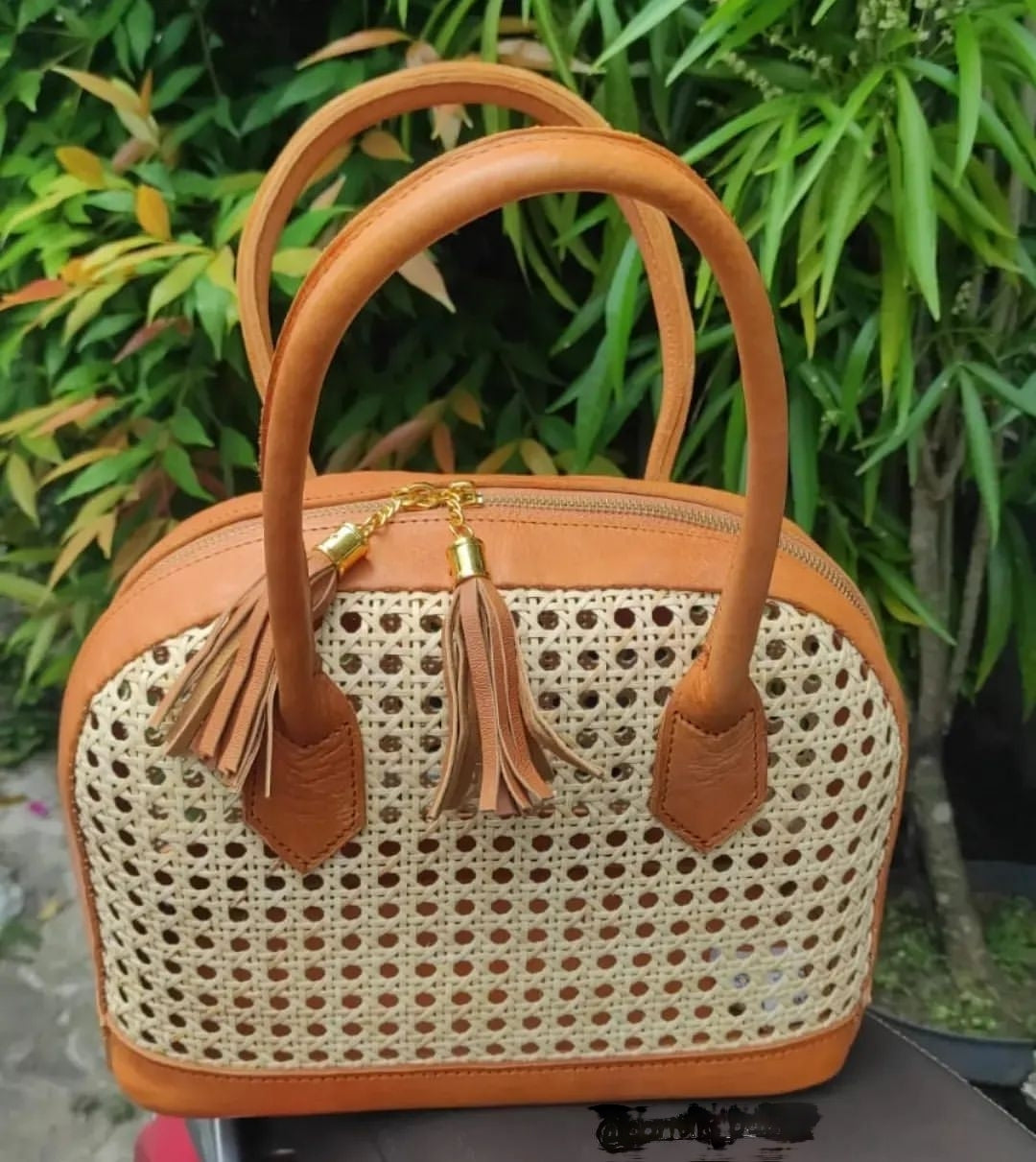 Cane Leather And Rattan Handbag