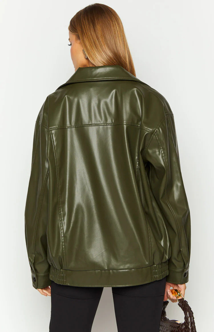 Olive Green Faux Leather Jacket Women Relaxed Zip Front