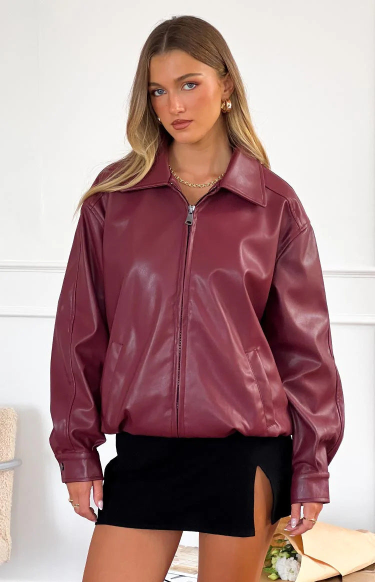 Women's Burgundy Oversized Leather Jacket Loose Fit Zip Bomber