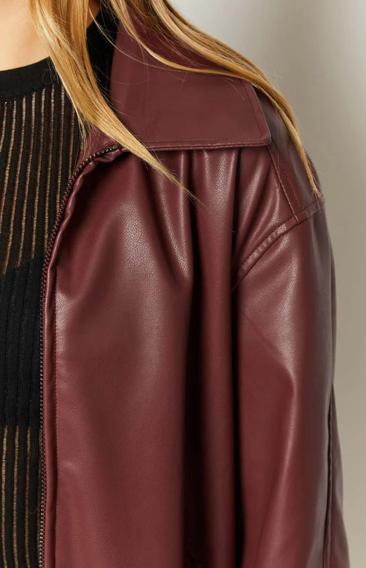 Women's Burgundy Oversized Leather Jacket Loose Fit Zip Bomber