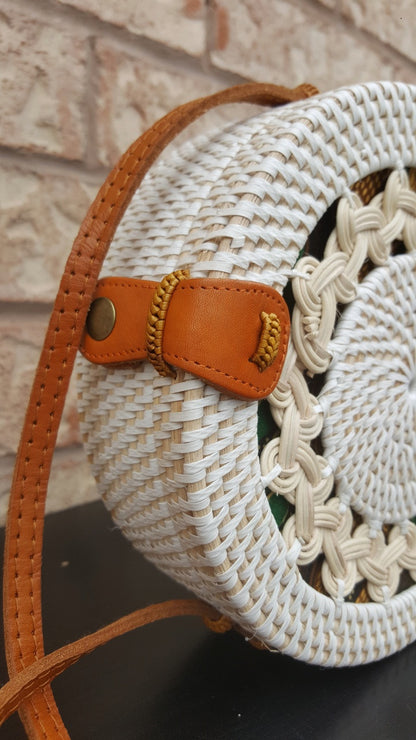 White Round Rattan Bag Made In Bali.