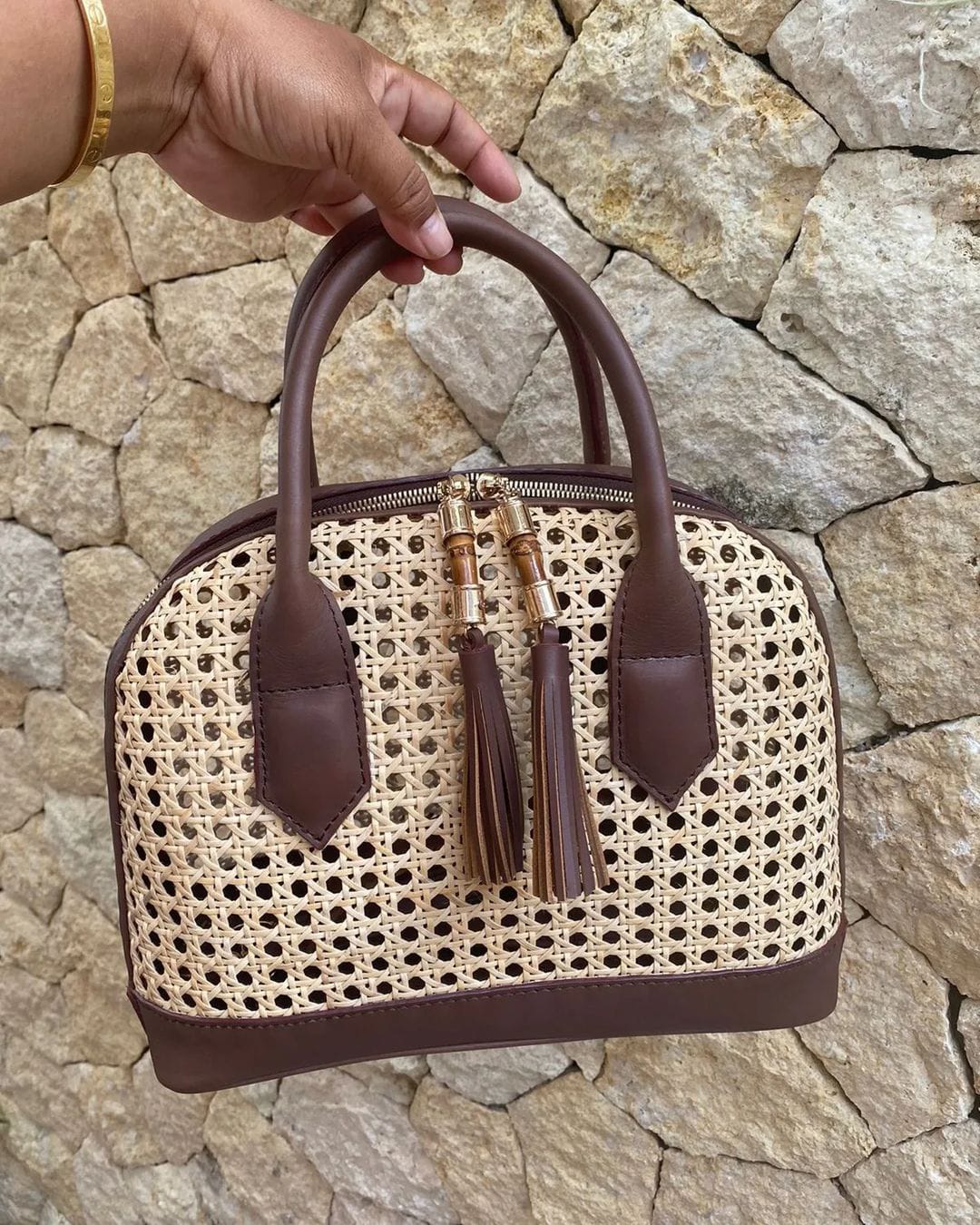 Cane Leather And Rattan Handbag