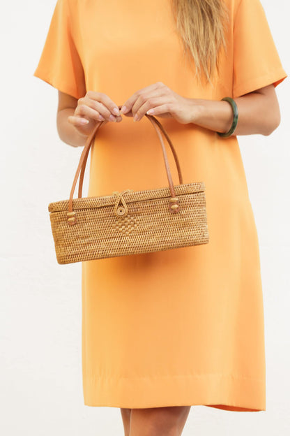 Oval Rattan Handbag with Leather Straps