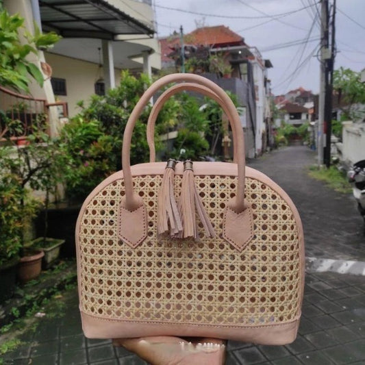 Cane Leather And Rattan Handbag