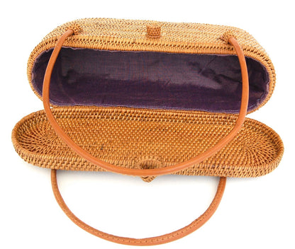 Oval Rattan Handbag with Leather Straps