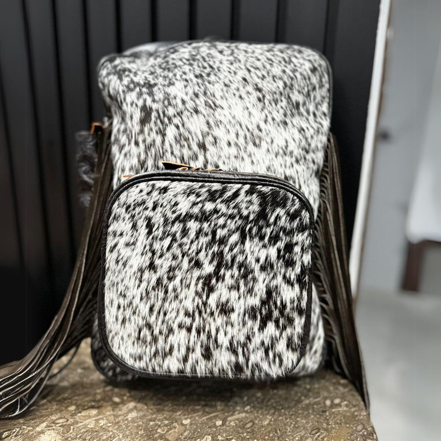 Cowhide Fringe Backpack Black White Leather Travel Bag
